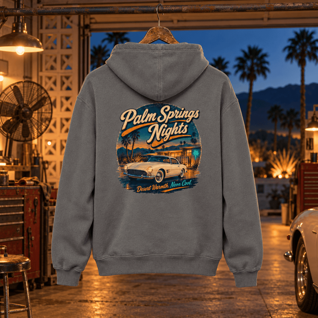Classic Coupe Graphic Hoodie – Palm Springs Classic Desert Night Drive in a varied gritty automotive setting