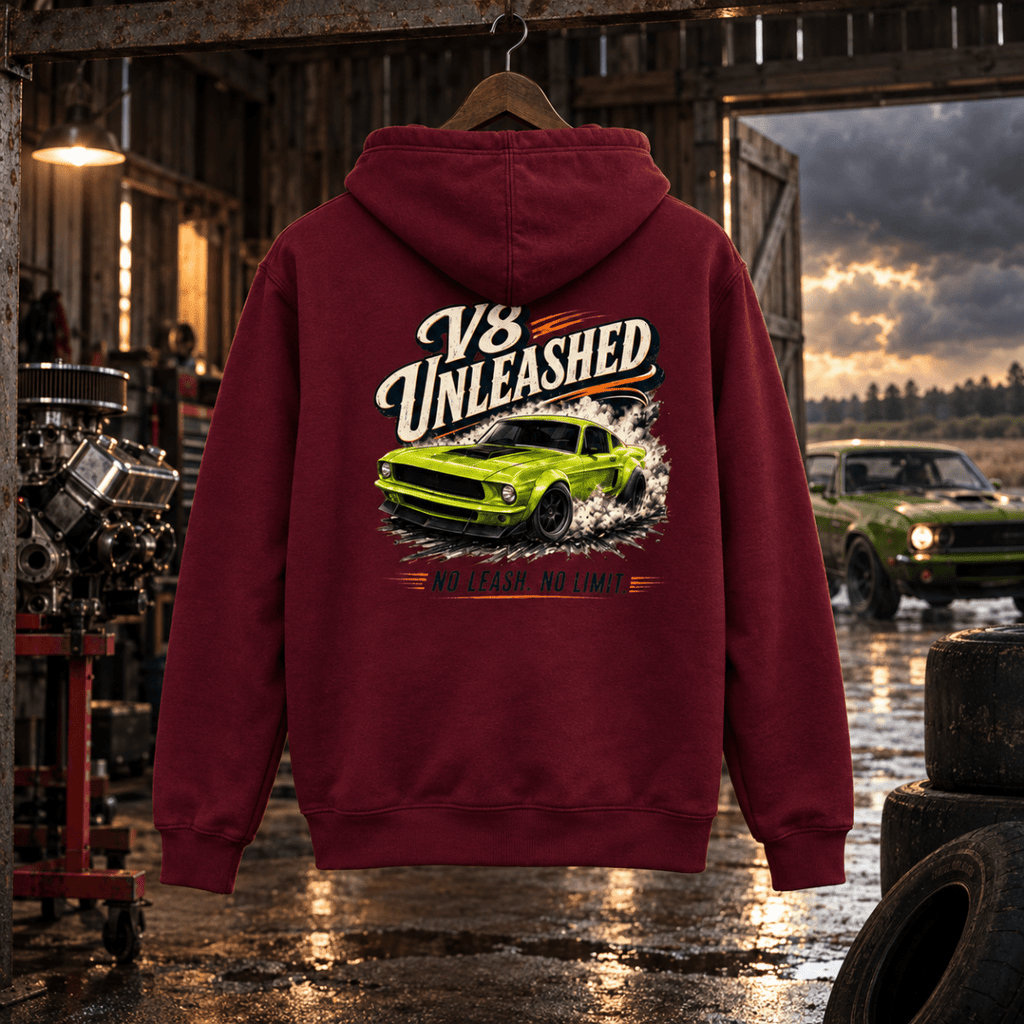 V8 Unleashed burgundy hoodie back in a gritty rural drag shop