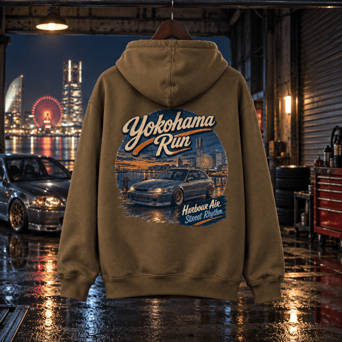 Yokohama Run olive hoodie back in a gritty wet night tuning bay