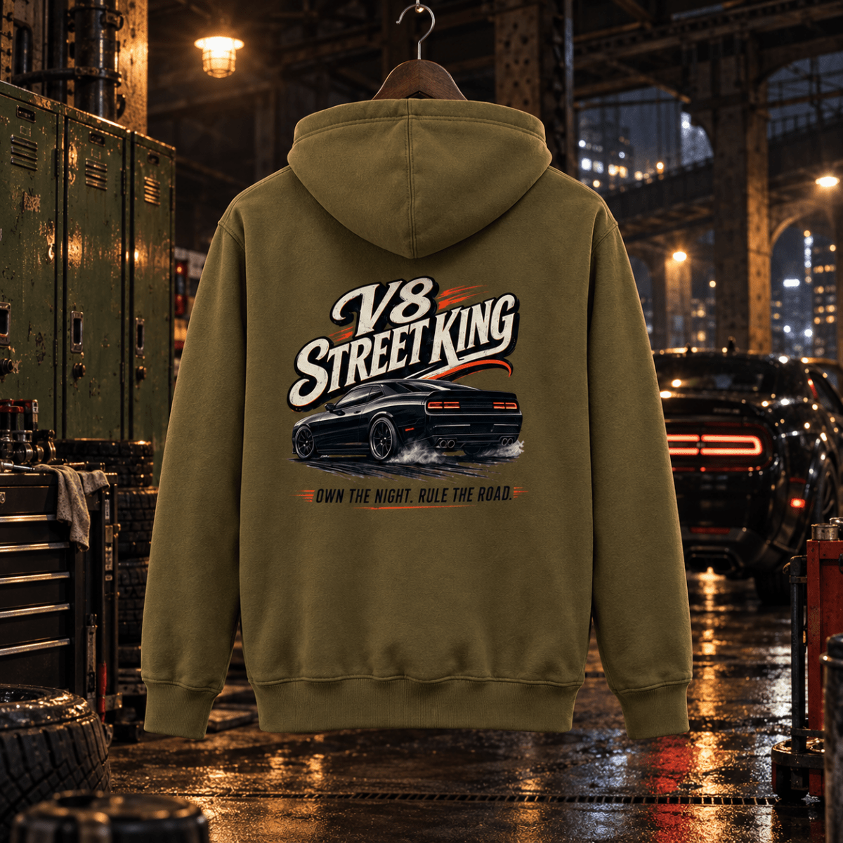 V8 Street King combat green hoodie back in a gritty railway workshop