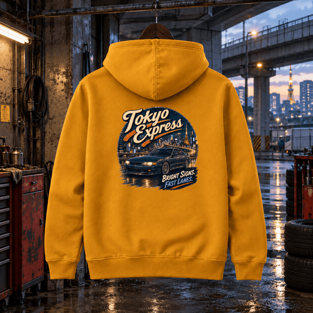 Tokyo Express mustard hoodie back in a gritty expressway maintenance garage