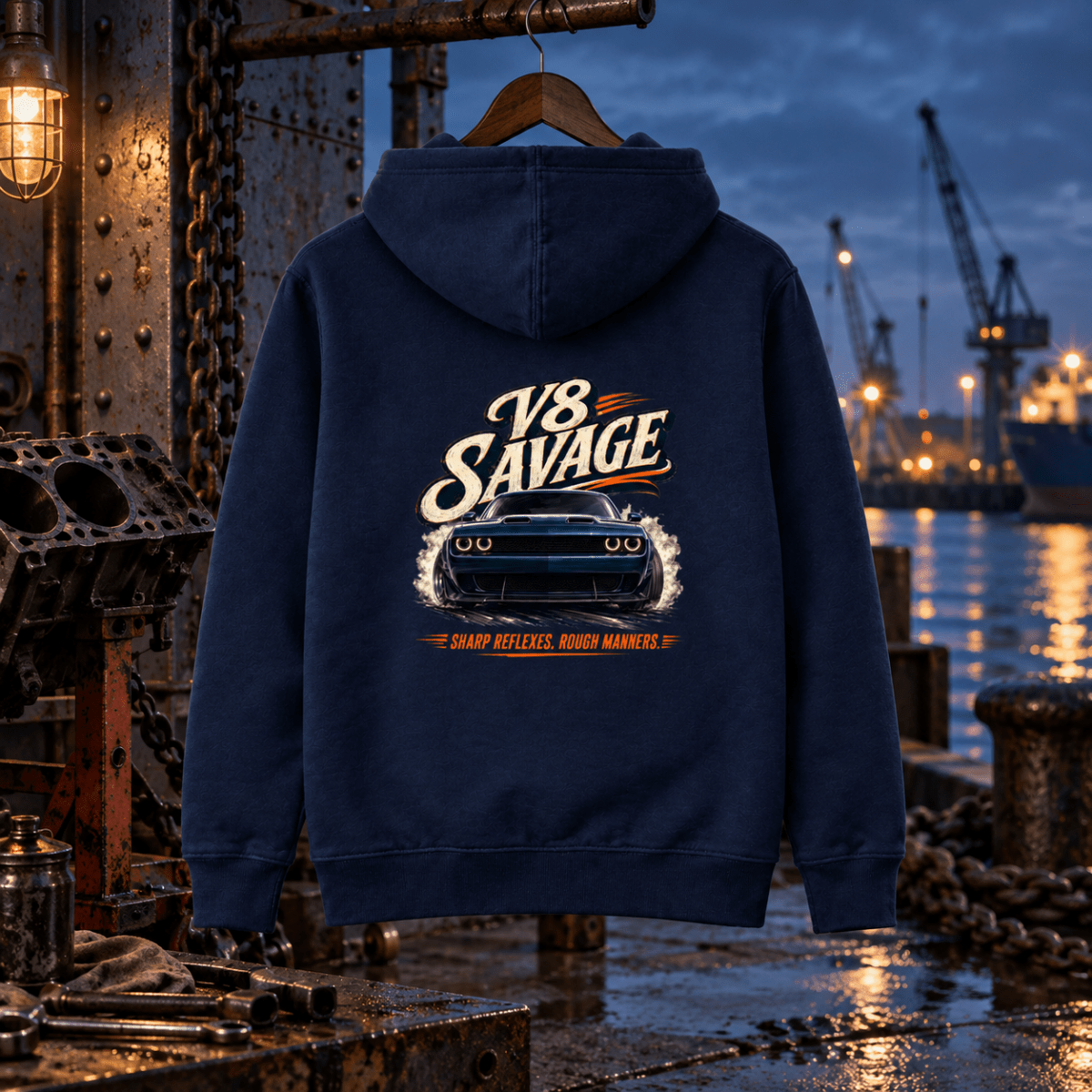 V8 Savage navy hoodie back in a gritty dockside engine workshop
