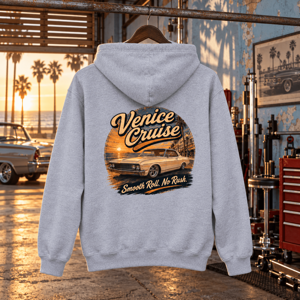 Venice Cruise grey hoodie back in a gritty coastal custom workshop