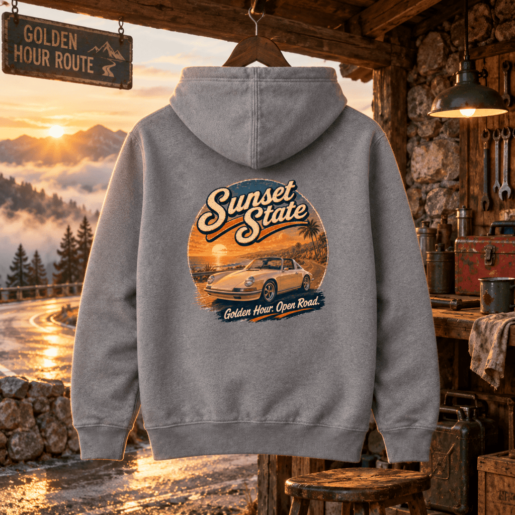 Sunset State heather grey hoodie back in a gritty mountain service cabin