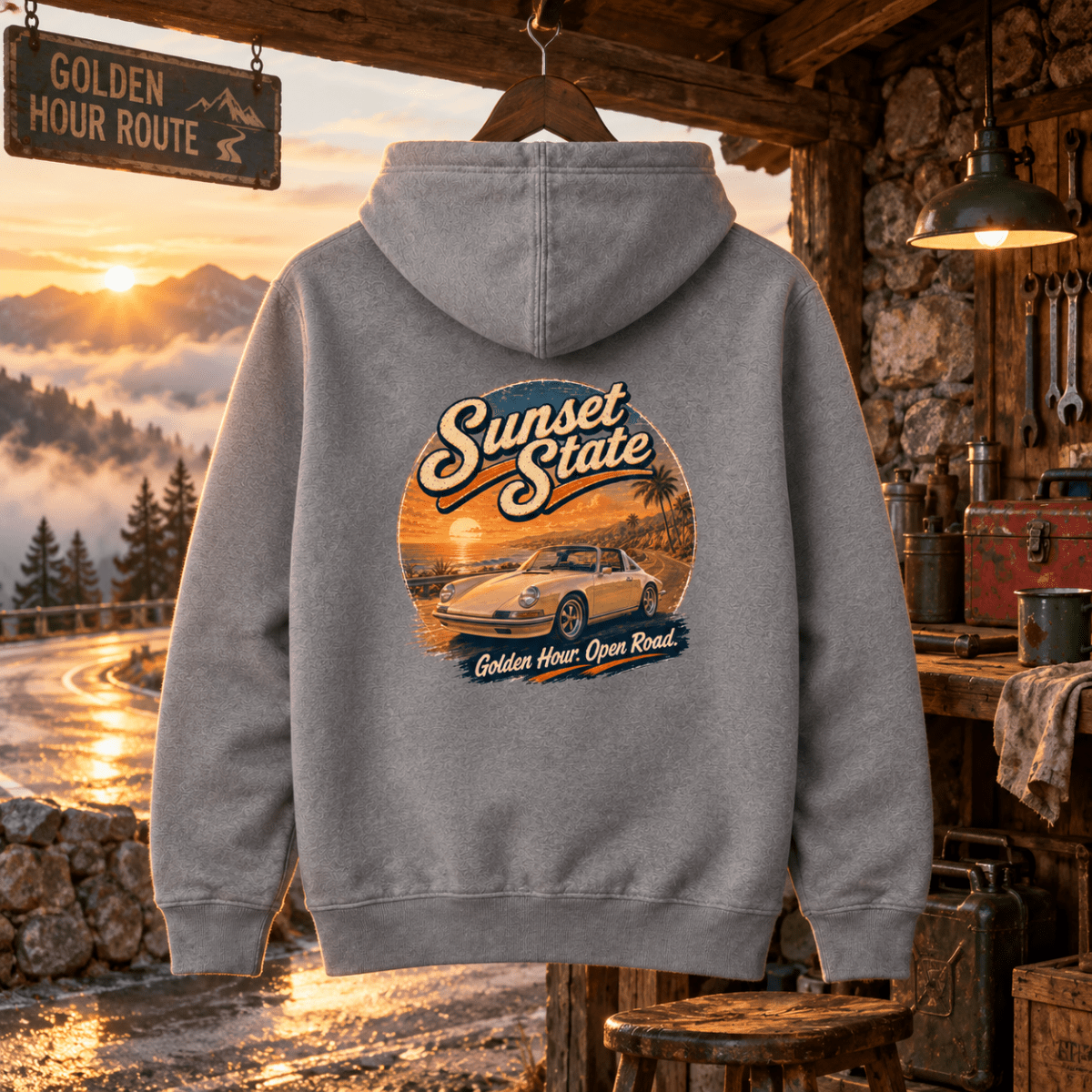 Sunset State heather grey hoodie back in a gritty mountain service cabin