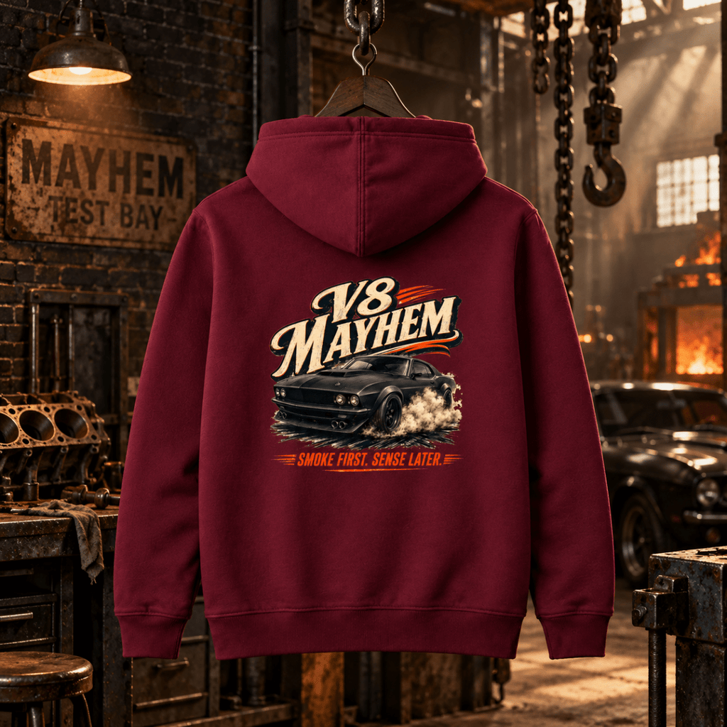 V8 Mayhem burgundy hoodie back in a gritty foundry workshop