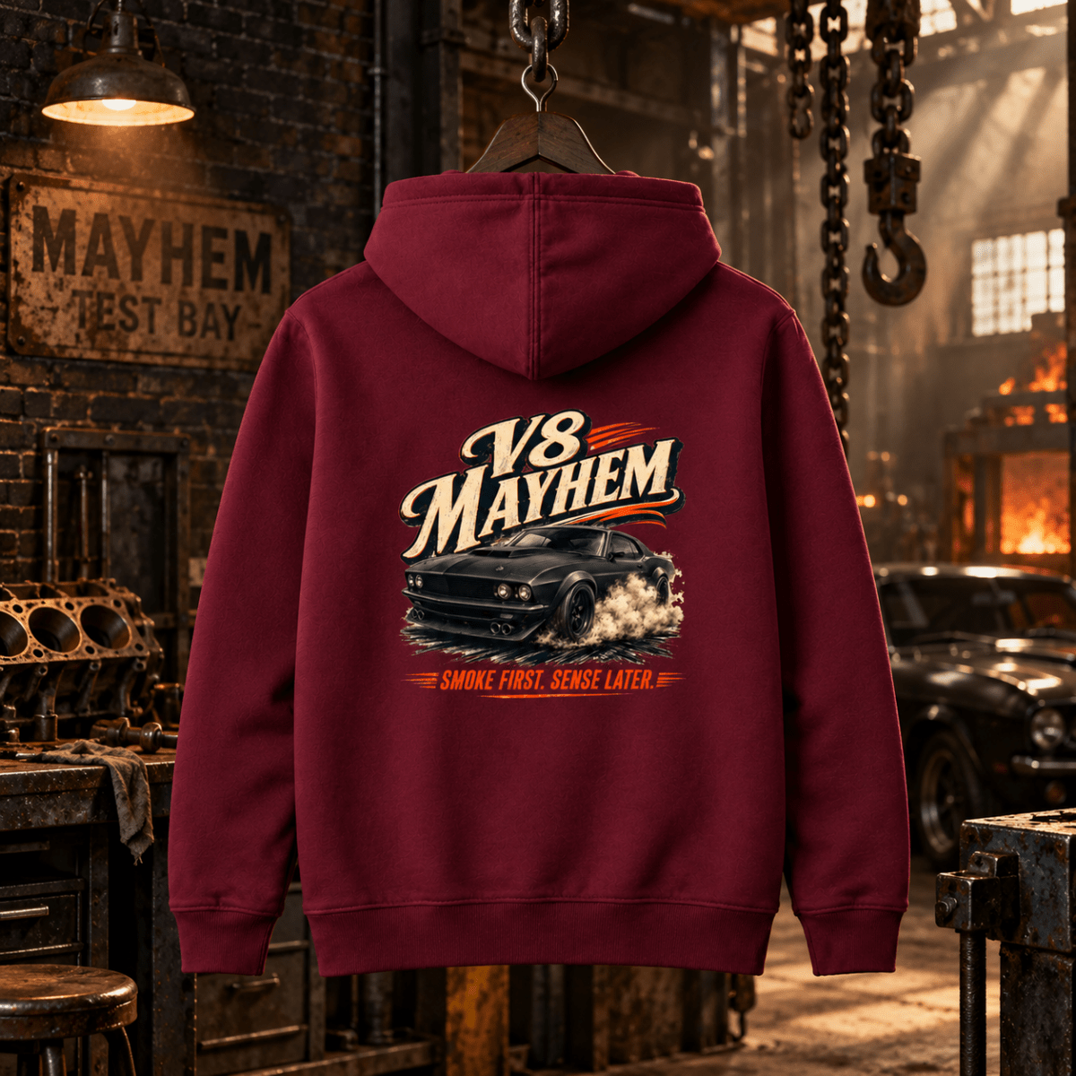 V8 Mayhem burgundy hoodie back in a gritty foundry workshop