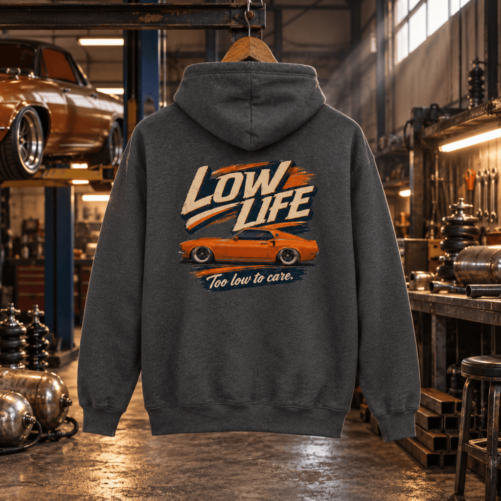 Muscle Car Graphic Hoodie – Low Life V8 Custom in a varied gritty automotive setting