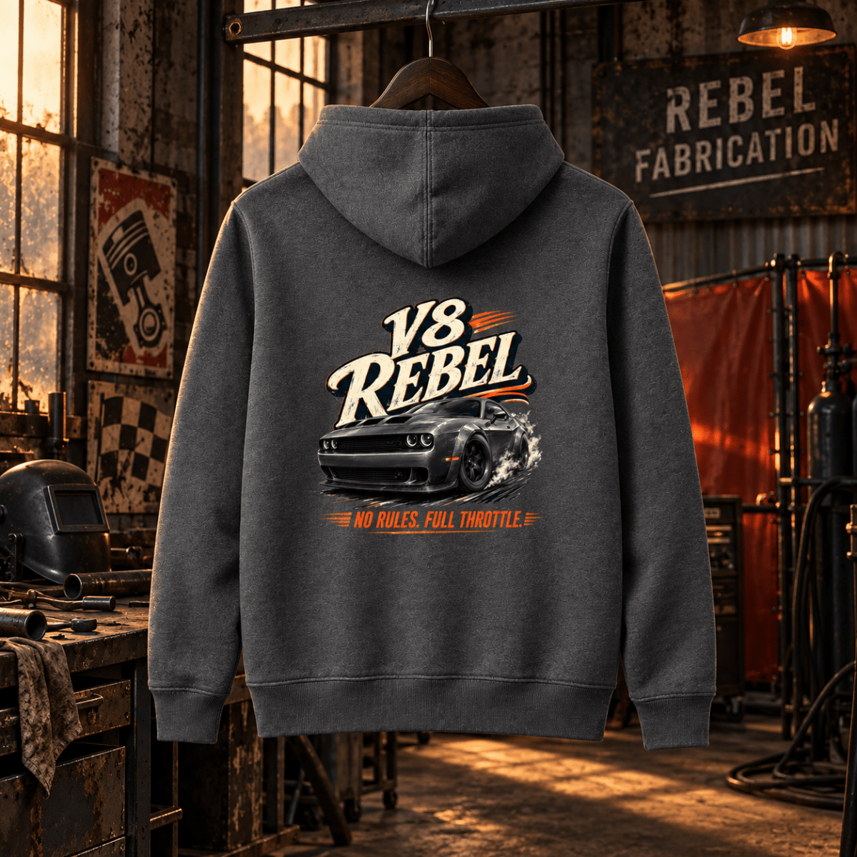 V8 Rebel dark grey hoodie back in a gritty fabrication warehouse