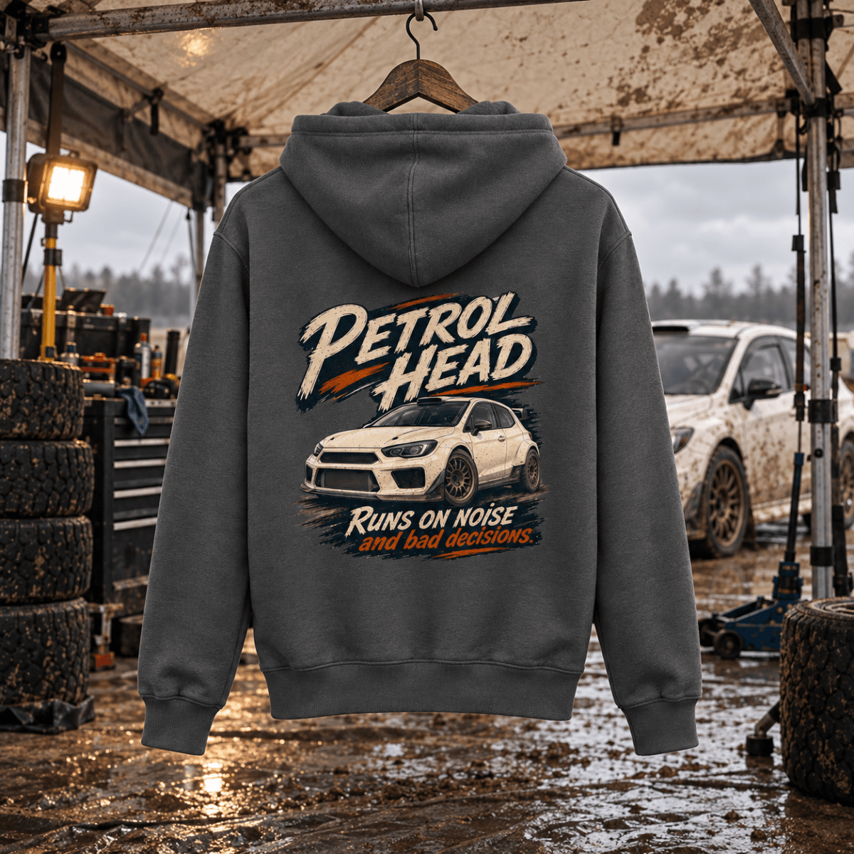 Rally Car Graphic Hoodie – Hatchback Motorsport Charcoal in a varied gritty automotive setting