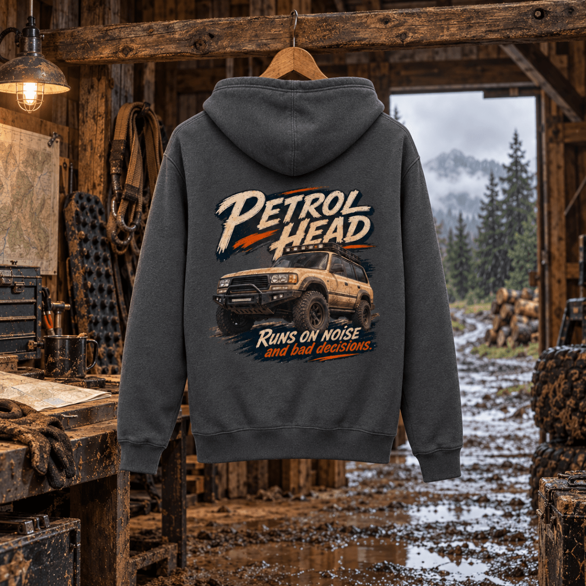 4x4 Off Road Graphic Hoodie – Adventure Charcoal in a varied gritty automotive setting