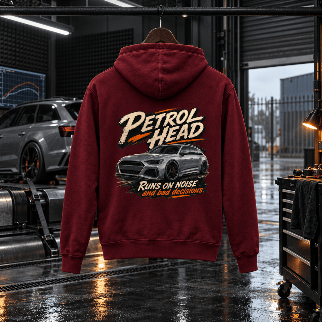 Estate Car Graphic Hoodie – Petrol Head in a varied gritty automotive setting
