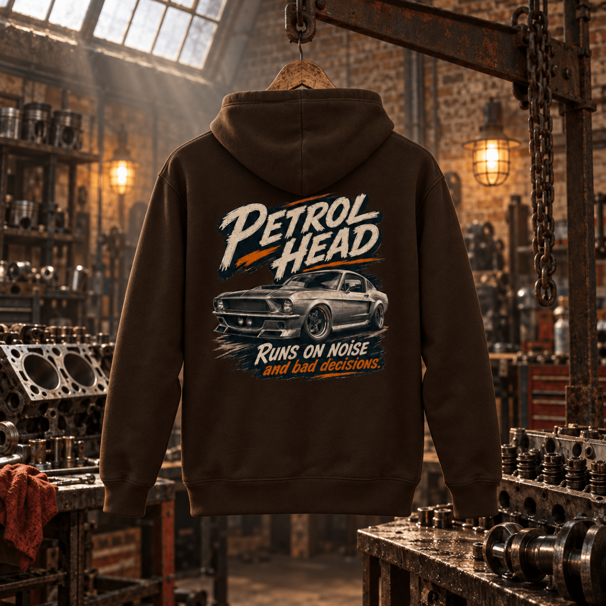 Muscle Car Graphic Hoodie – Classic V8 in a varied gritty automotive setting