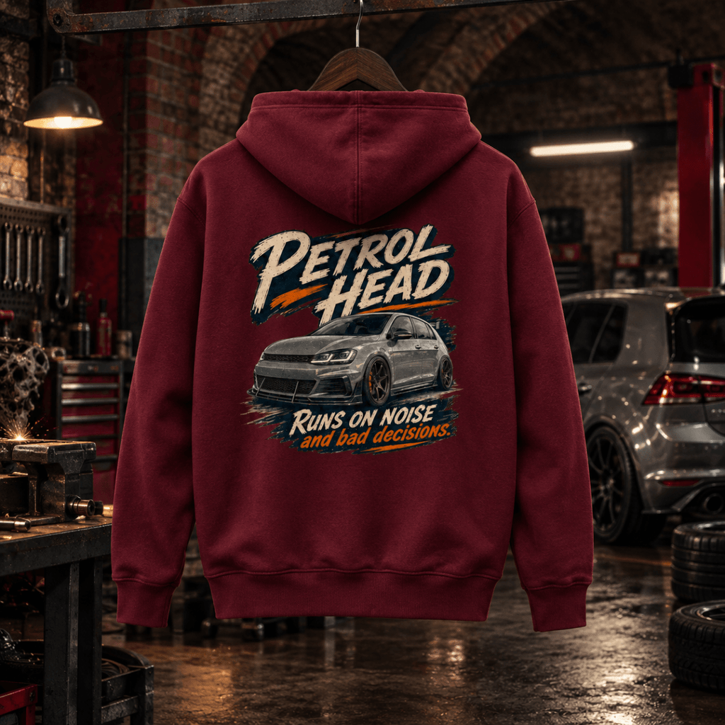 Petrol Head burgundy hot hatch hoodie back in a gritty railway arch tuning garage