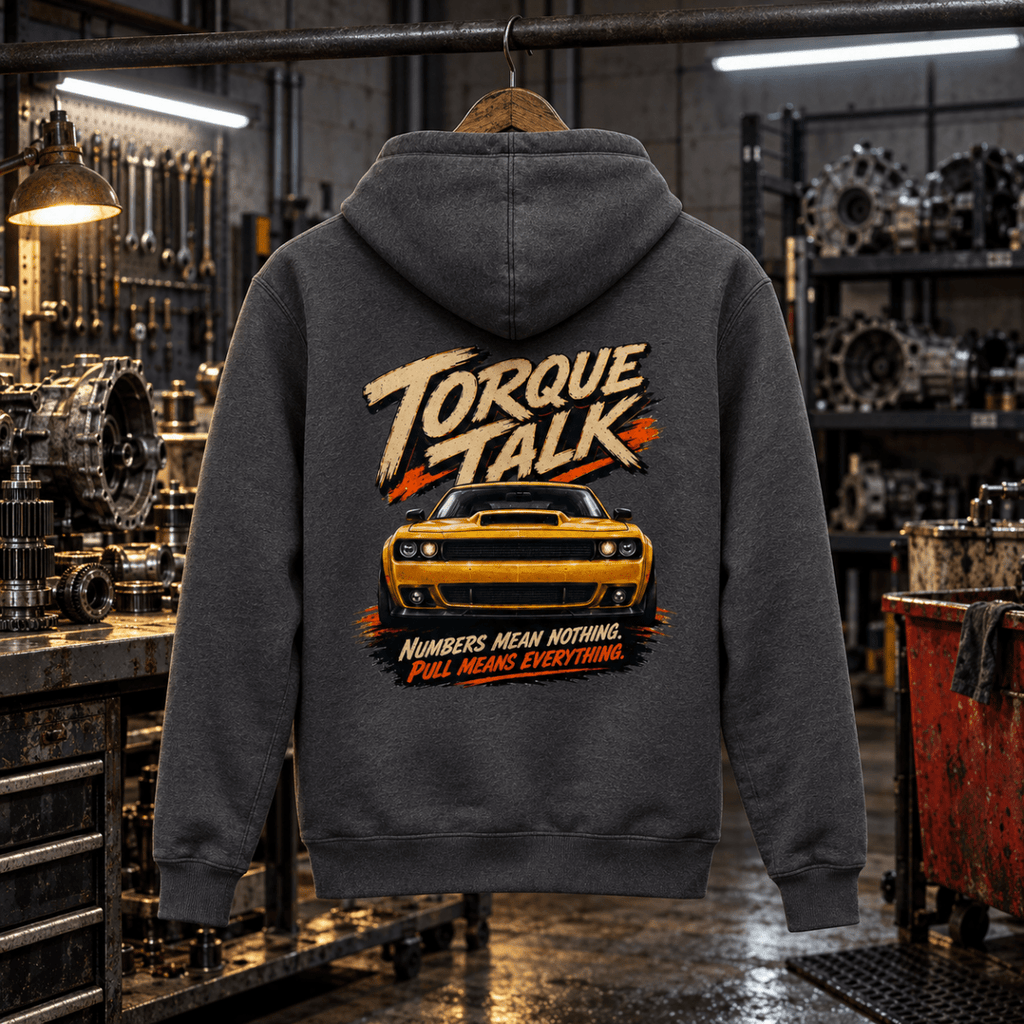 Muscle Car Graphic Hoodie – Torque Talk V8 Charcoal in a varied gritty automotive setting