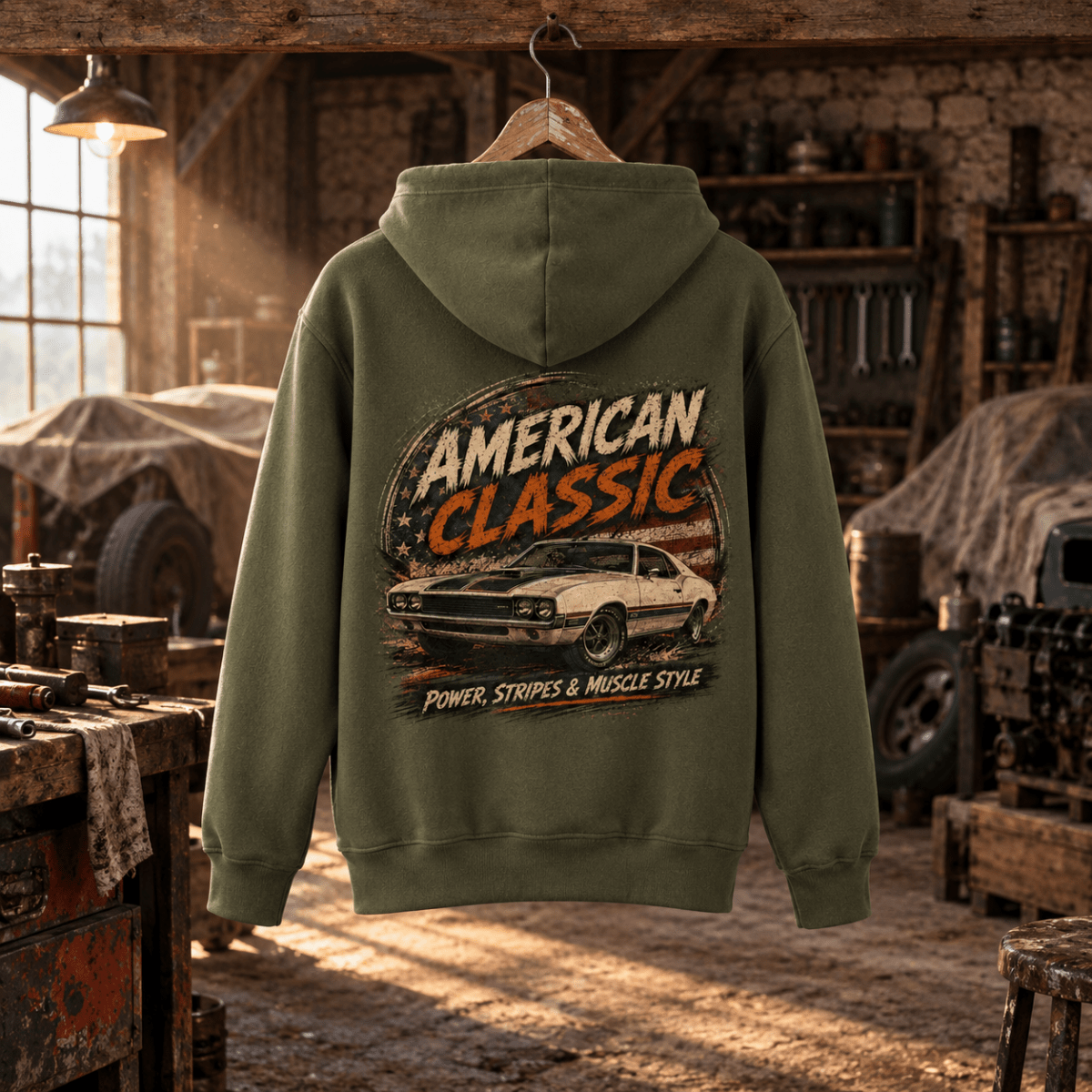 American Classic 1970s Hardtop Graphic Hoodie – Military Green in a varied gritty automotive setting