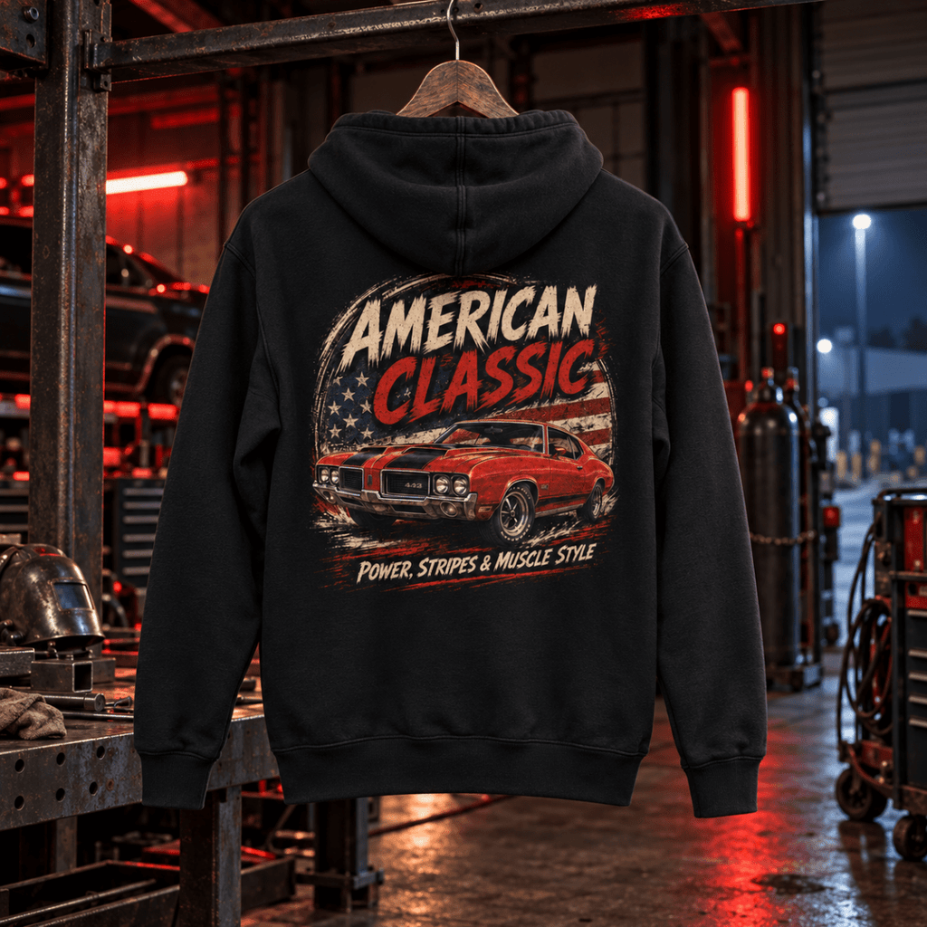 American Classic 1970s Red Sports Coupe Graphic Hoodie – Black in a varied gritty automotive setting