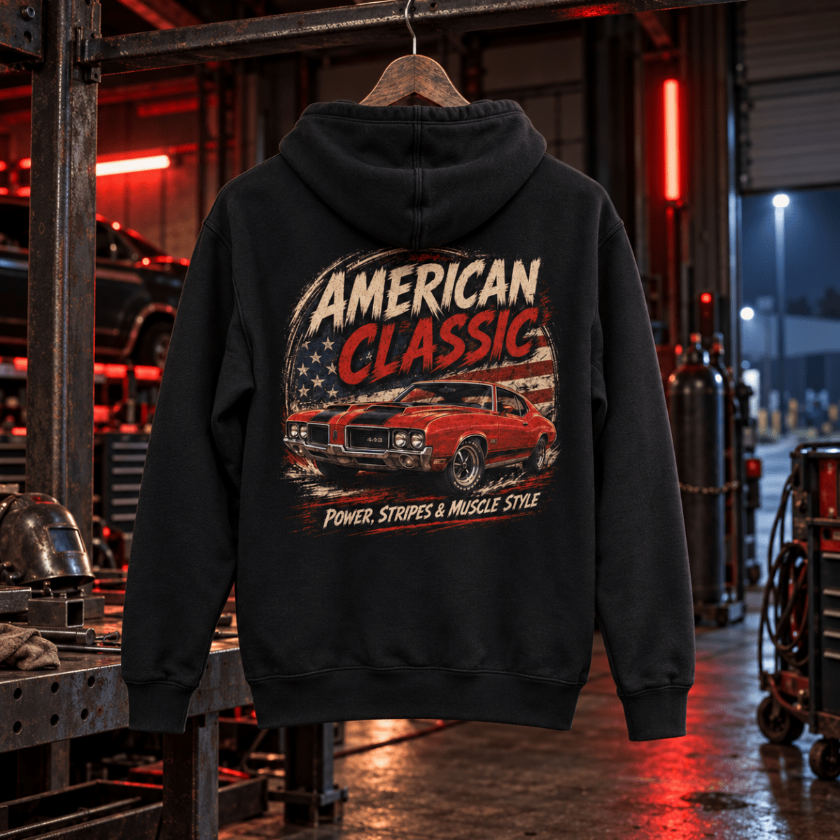 American Classic 1970s Red Sports Coupe Graphic Hoodie – Black in a varied gritty automotive setting