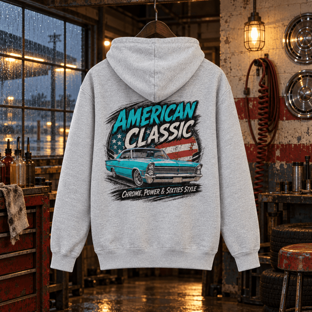 American Classic 1960s Turquoise Cruiser Graphic Hoodie – Sport Grey in a varied gritty automotive setting