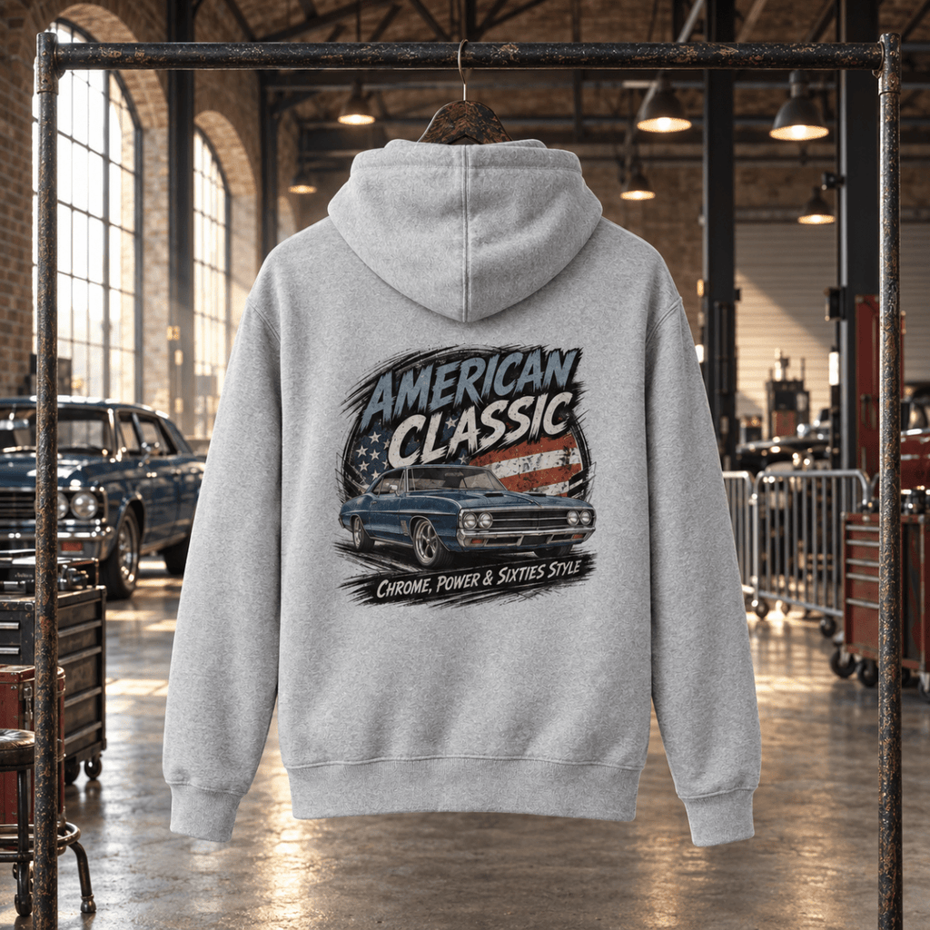 American Classic 1960s Blue Street Machine Graphic Hoodie – Sport Grey in a varied gritty automotive setting