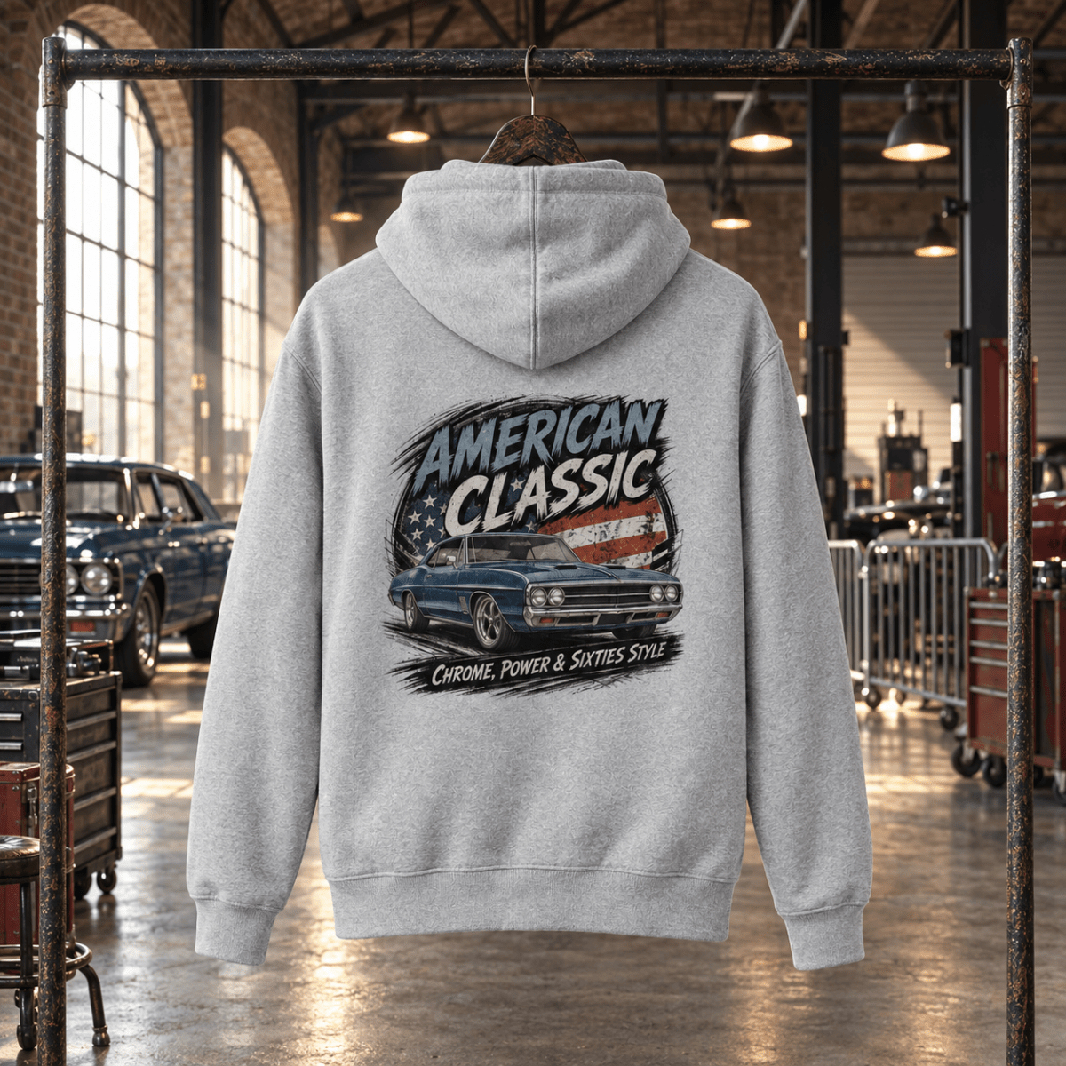 American Classic 1960s Blue Street Machine Graphic Hoodie – Sport Grey in a varied gritty automotive setting