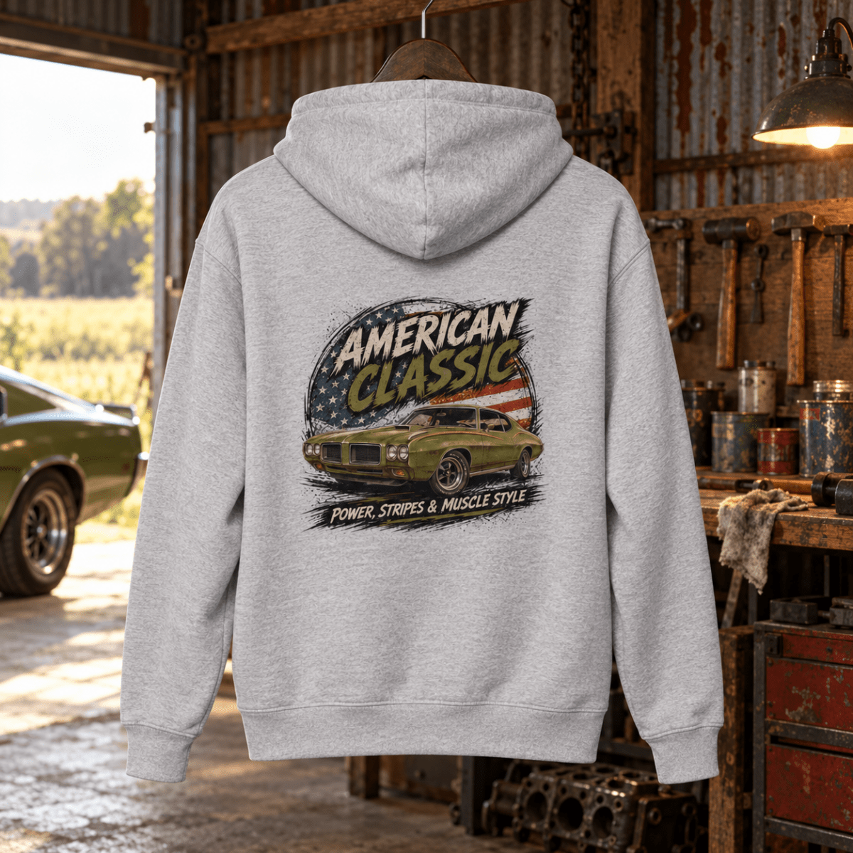 American Classic Stripes & Muscle Coupe Graphic Hoodie – Sport Grey in a varied gritty automotive setting