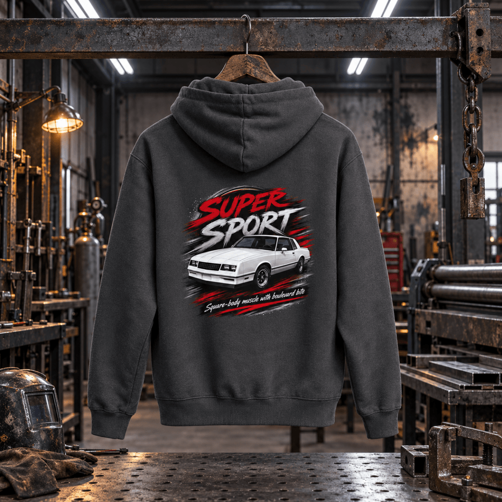 Super Sport Square-Body Muscle Coupe Graphic Hoodie – Dark Grey in a varied gritty automotive setting