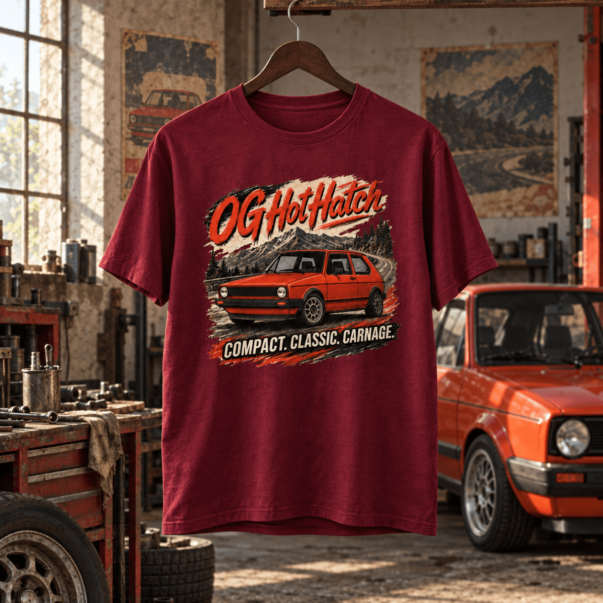 OG Hot Hatch burgundy T-shirt front in a gritty classic hatch workshop