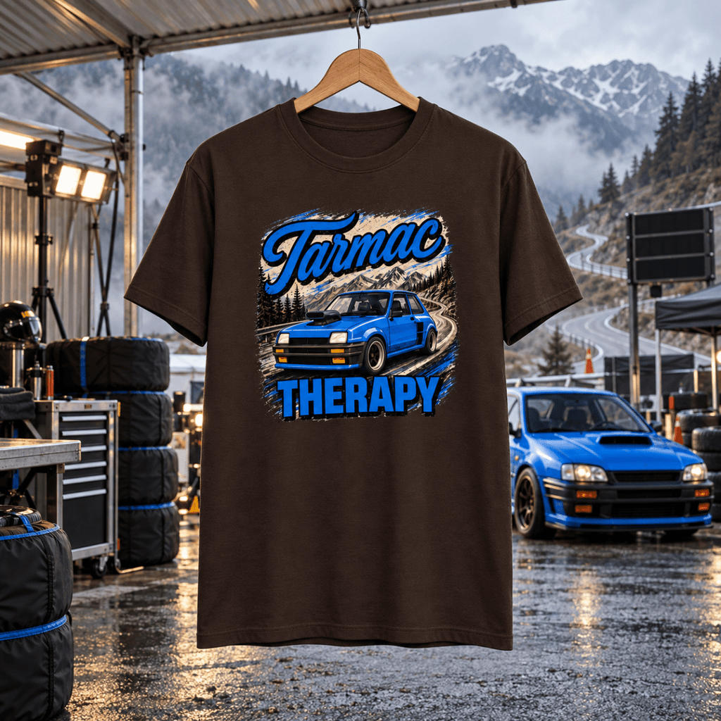 Hot Hatch Graphic T-Shirt – Tarmac Therapy Widebody Performance in a varied gritty automotive setting