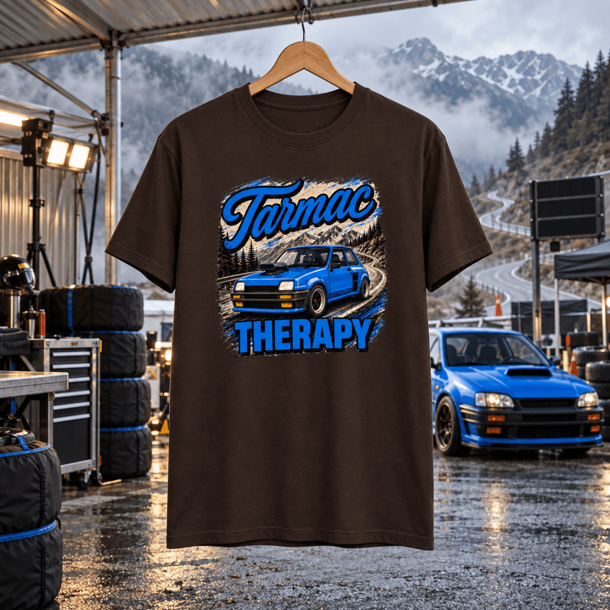 Hot Hatch Graphic T-Shirt – Tarmac Therapy Widebody Performance in a varied gritty automotive setting