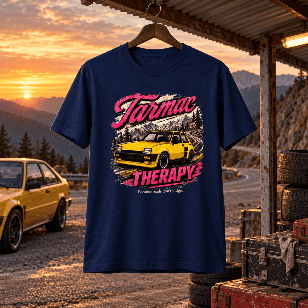 Tarmac Therapy navy T-shirt front in a gritty mountain-pass service bay