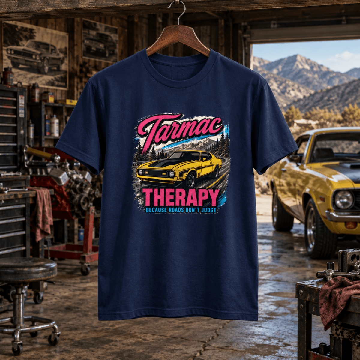 Tarmac Therapy navy muscle car T-shirt front in a gritty foothills workshop
