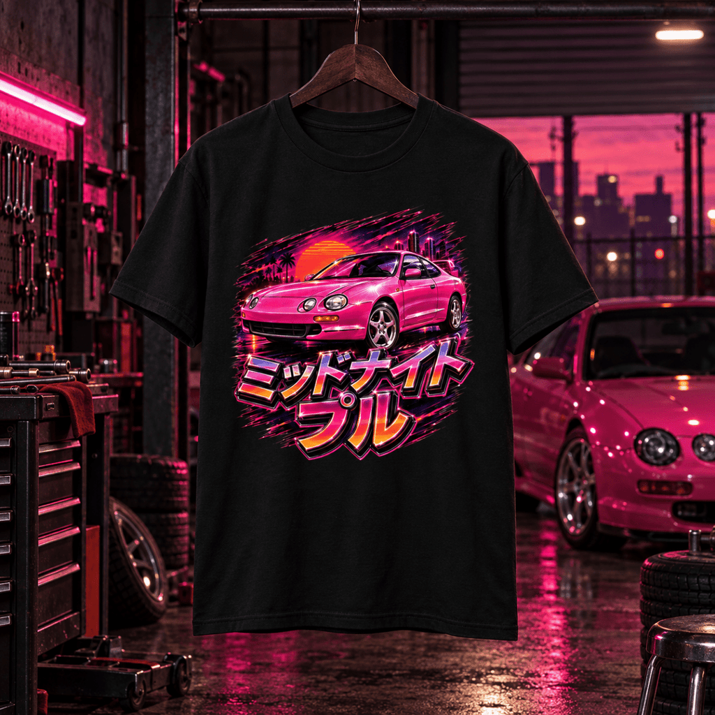 Midnight Pull black JDM T-shirt front in a gritty synthwave garage