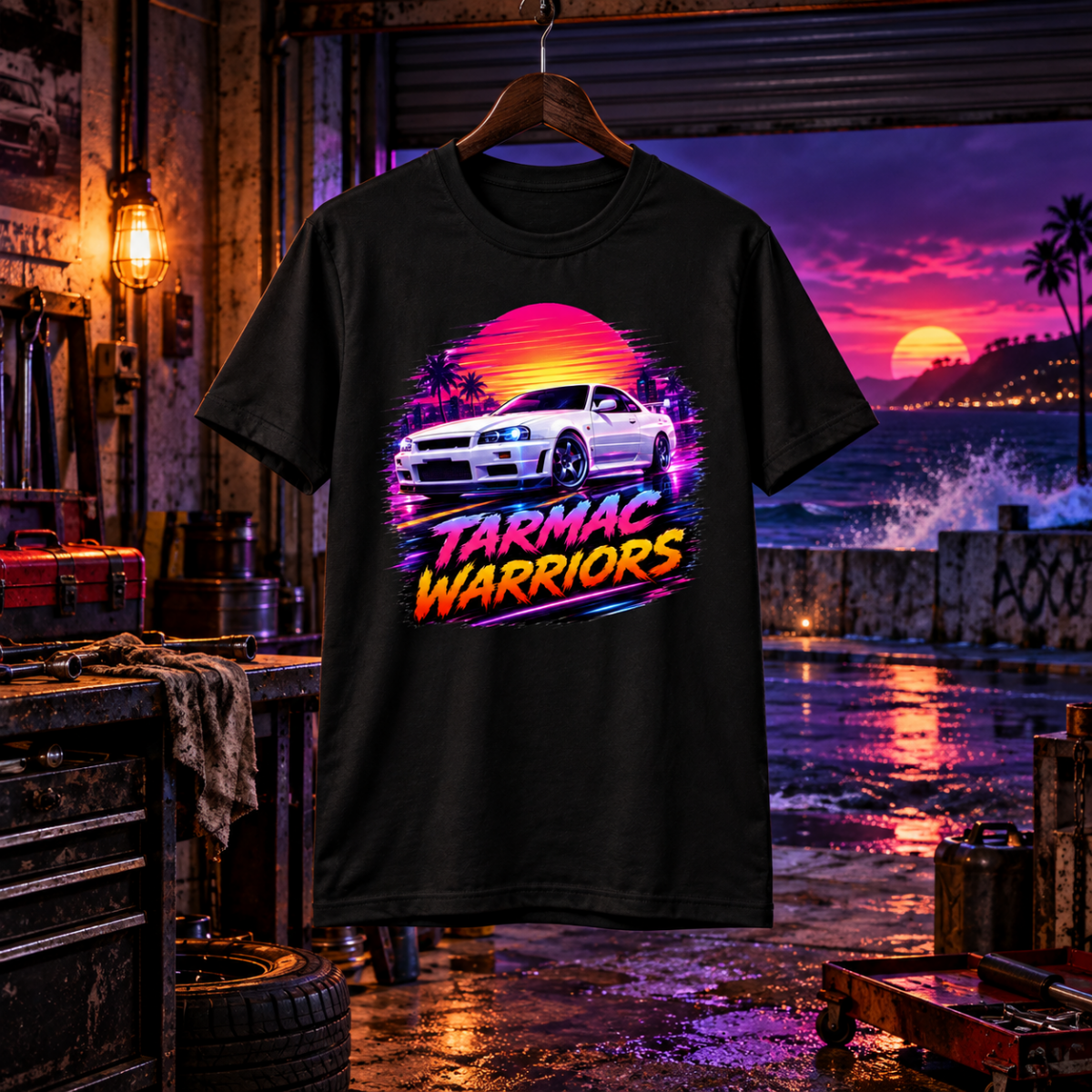 Tarmac Warriors black T-shirt front in a gritty coastal night workshop