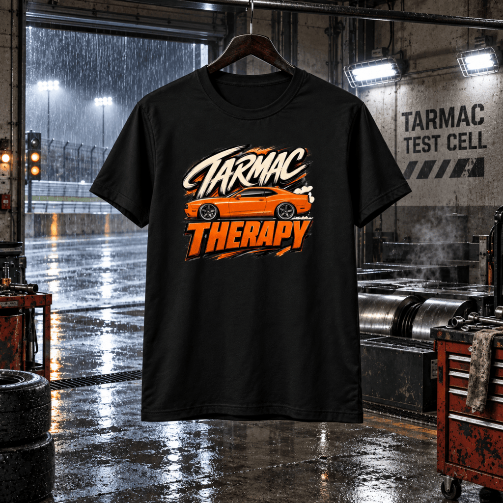 Tarmac Therapy black T-shirt front in a gritty proving-ground test cell