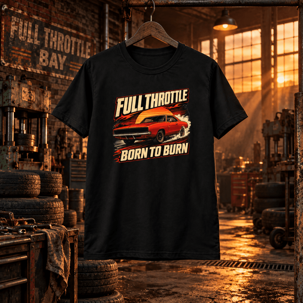 Full Throttle black T-shirt front in a gritty tyre-factory service bay