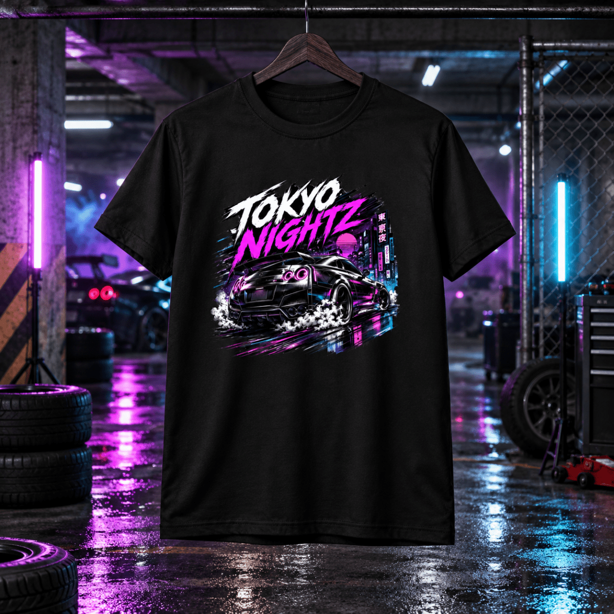 Tokyo Nightz black T-shirt front in a gritty underground drift workshop