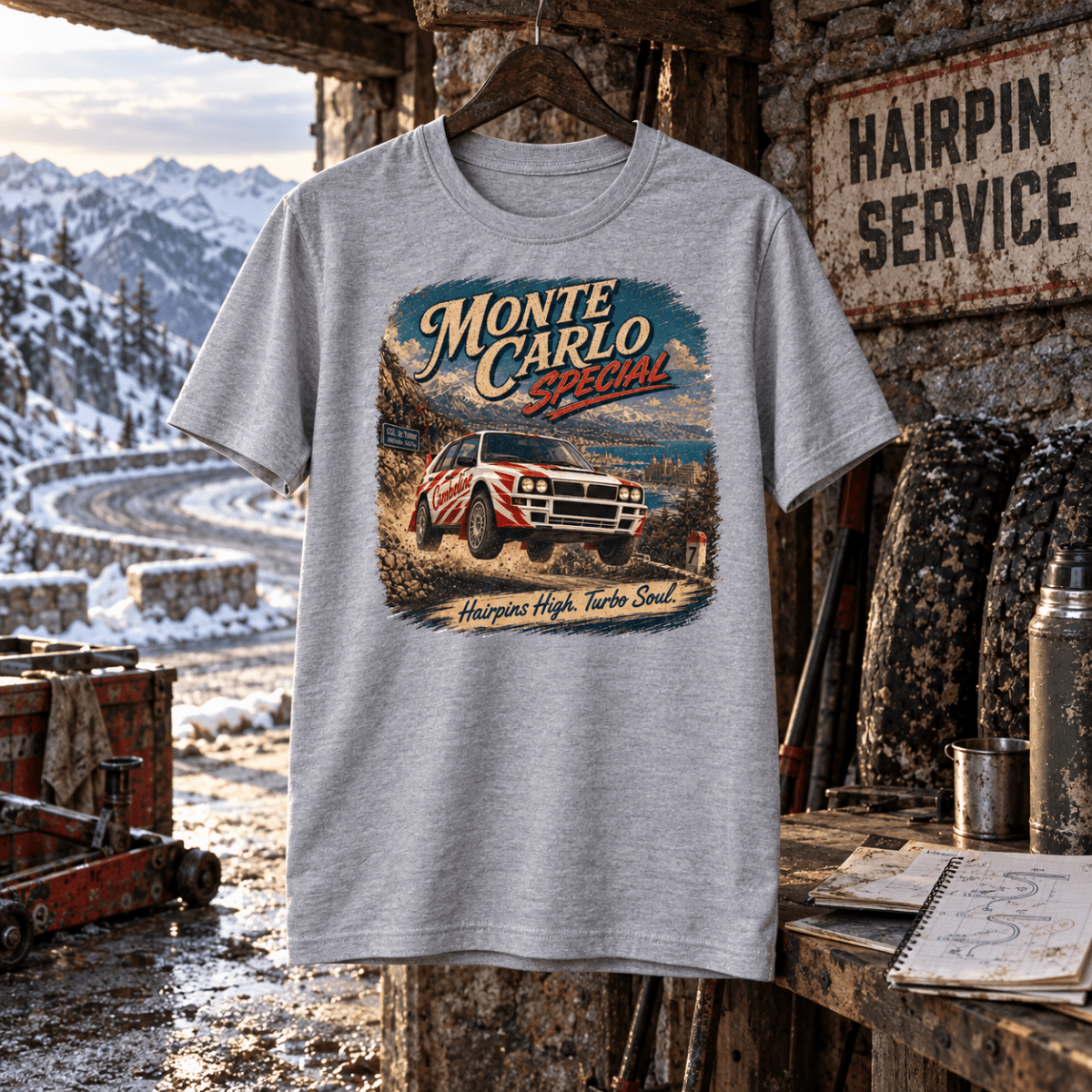 Monte Carlo Special sport grey T-shirt front in a gritty Alpine rally service hut