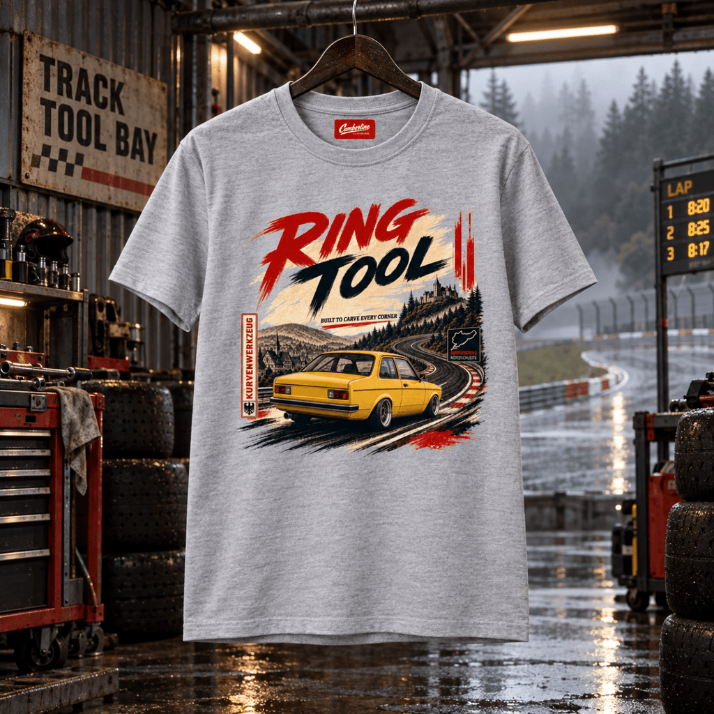 Ring Tool sport grey T-shirt front in a gritty wet forest circuit workshop