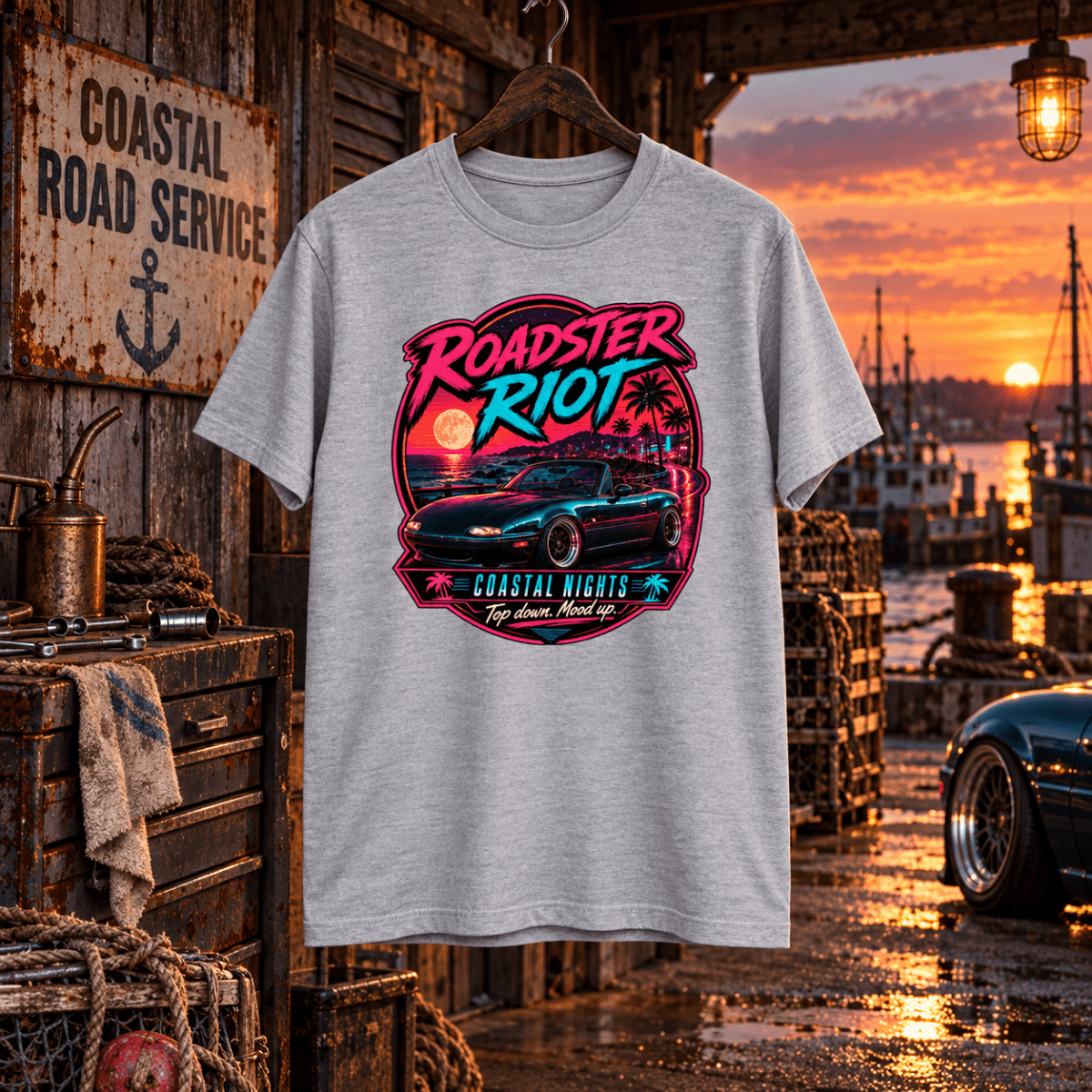 Roadster Riot sport grey T-shirt front in a gritty harbour-side lock-up