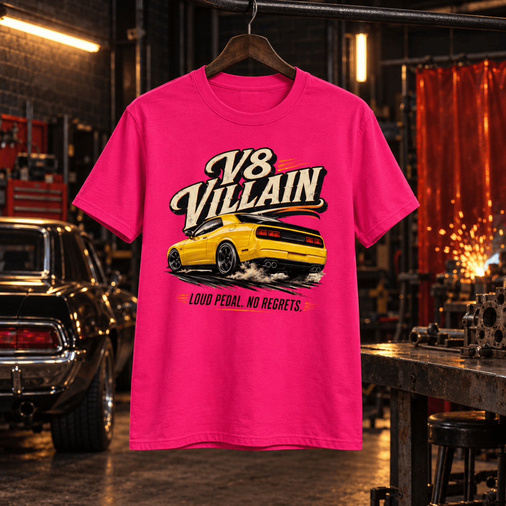 V8 Villain hot pink T-shirt front in a gritty muscle car fabrication shop