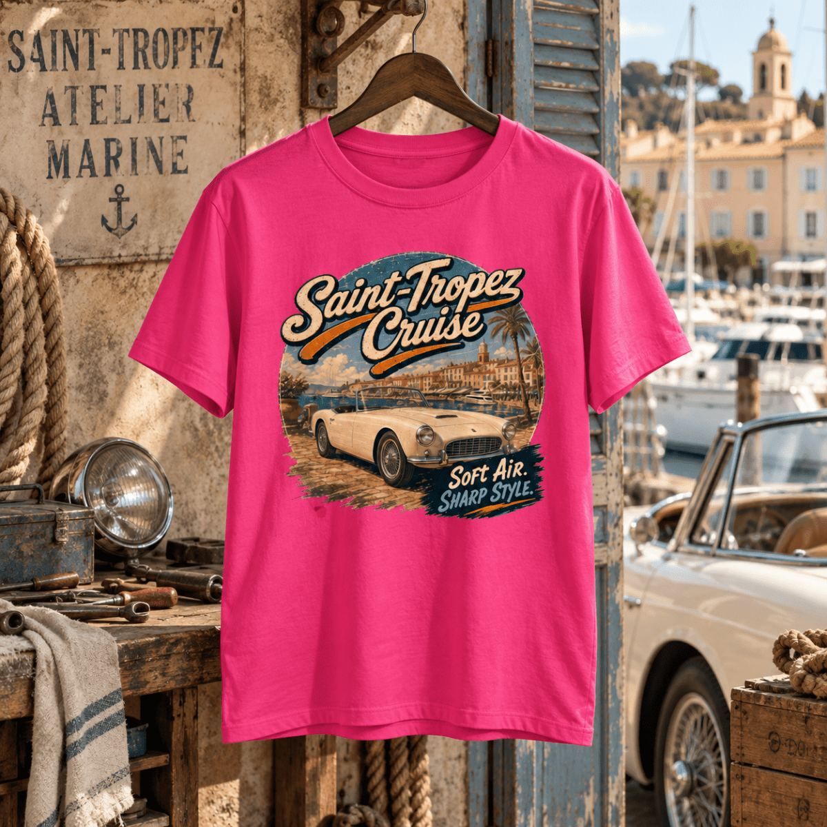 Saint Tropez Cruise hot pink T-shirt front in a gritty marina workshop