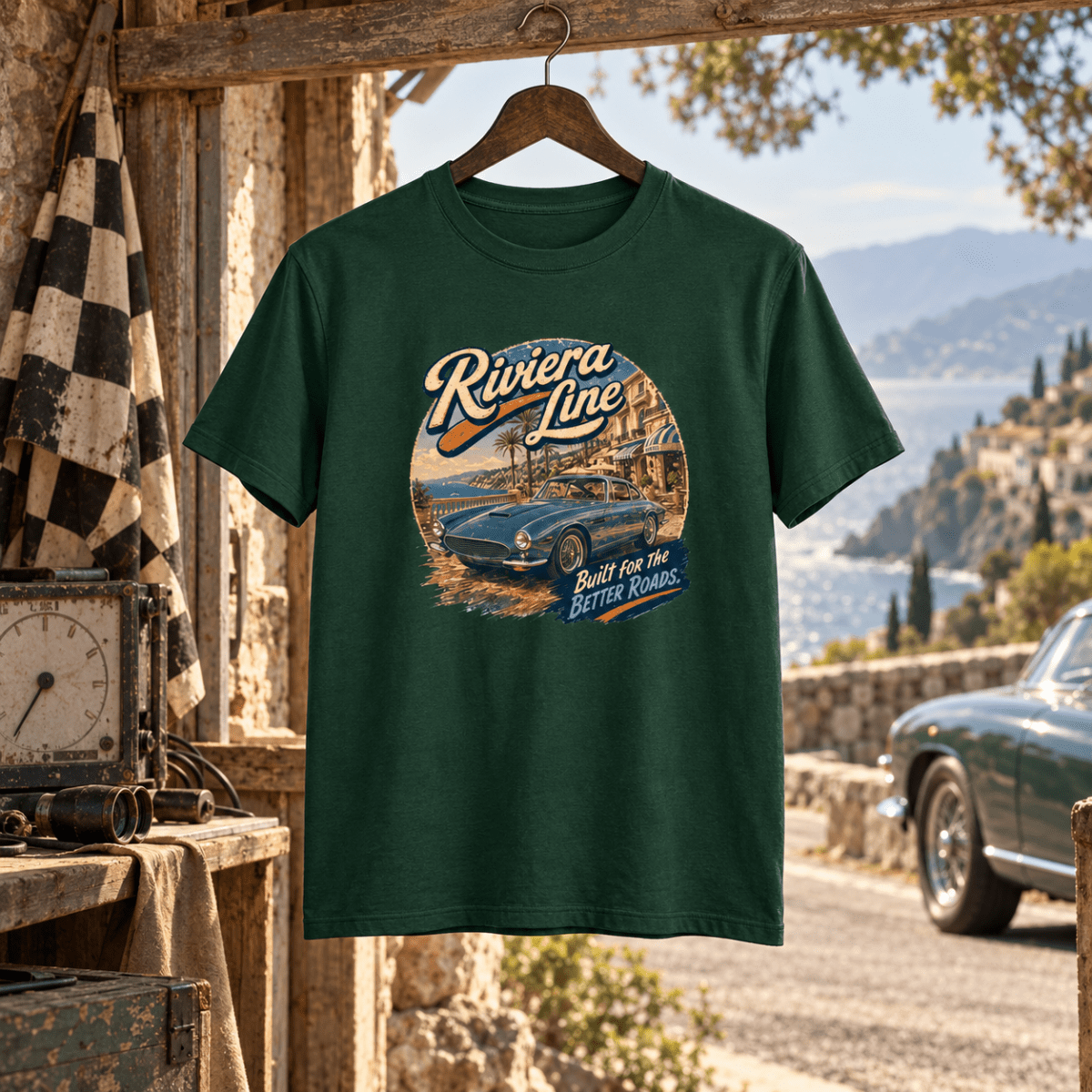 Riviera Line forest green T-shirt front in a gritty hill-climb shed