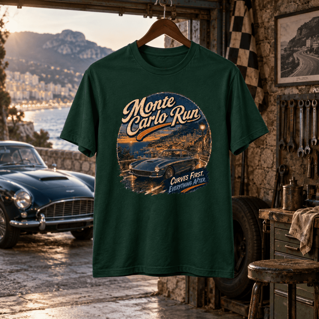 Monte Carlo Run bottle green T-shirt front in a gritty coastal road workshop