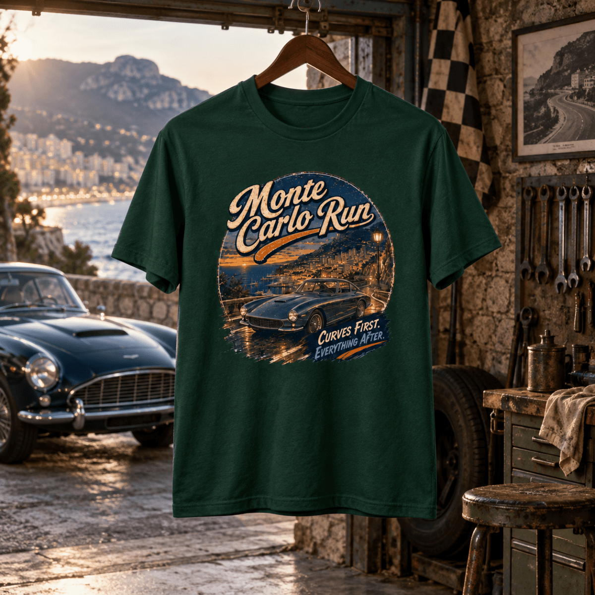 Monte Carlo Run bottle green T-shirt front in a gritty coastal road workshop