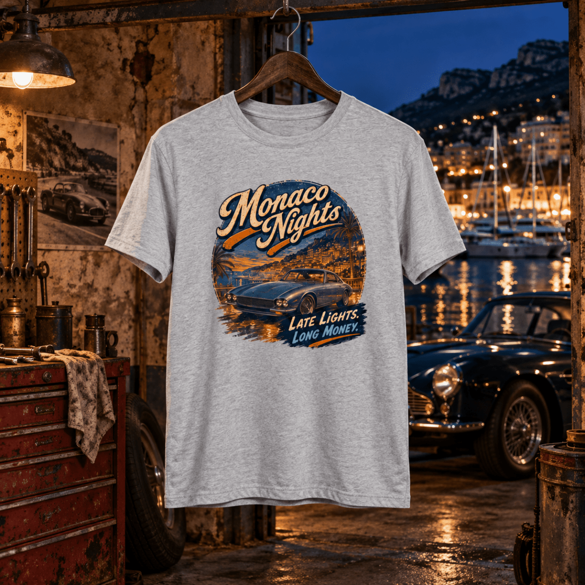 Monaco Nights grey T-shirt front in a gritty coastal classic car workshop
