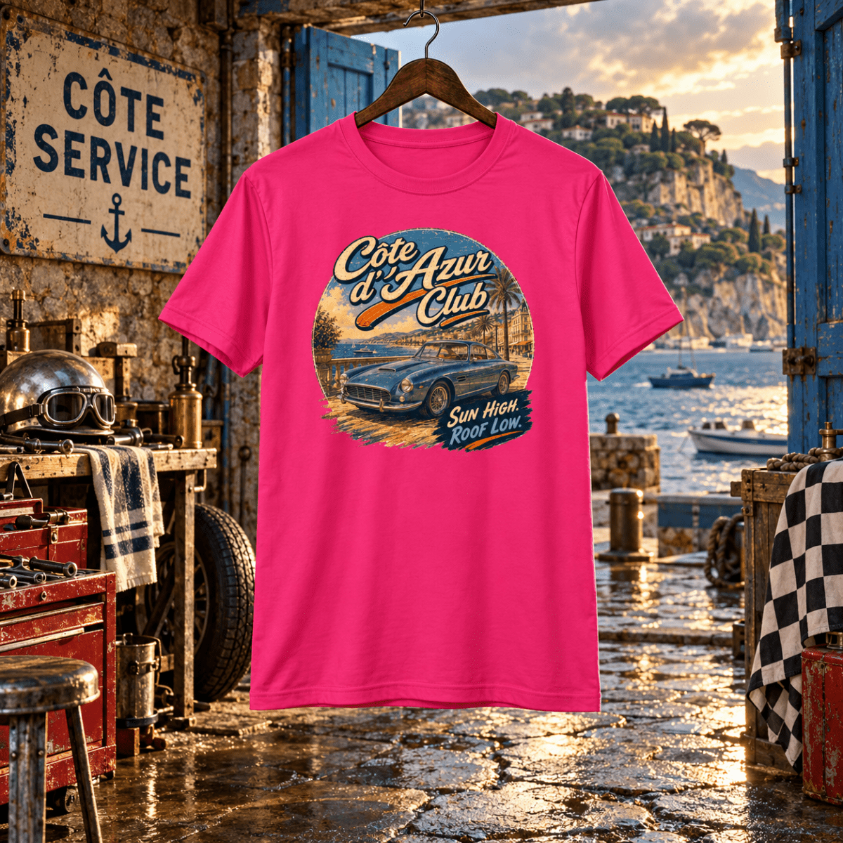 Cote d'Azur hot pink T-shirt front in a gritty Mediterranean boathouse workshop