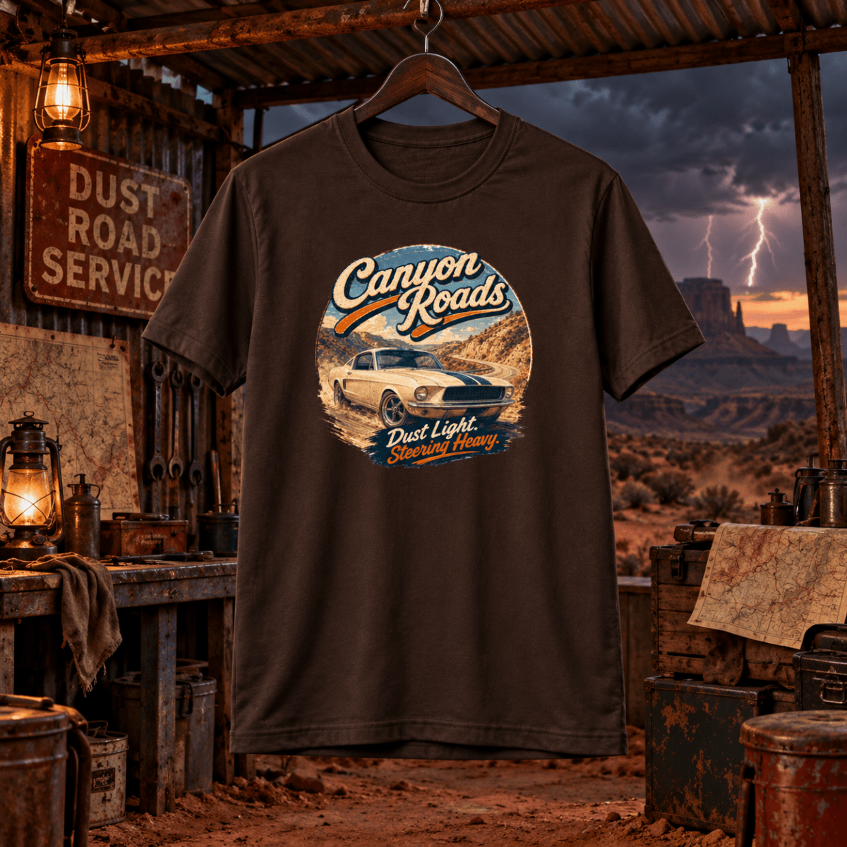 Canyon Roads dark chocolate T-shirt front in a gritty desert storm workshop