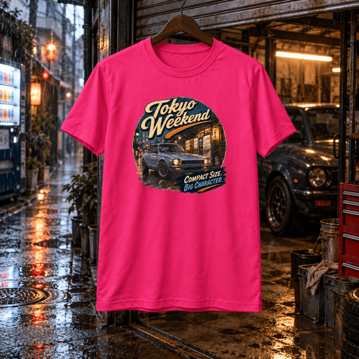 Tokyo Weekend hot pink T-shirt front in a gritty rainy backstreet garage