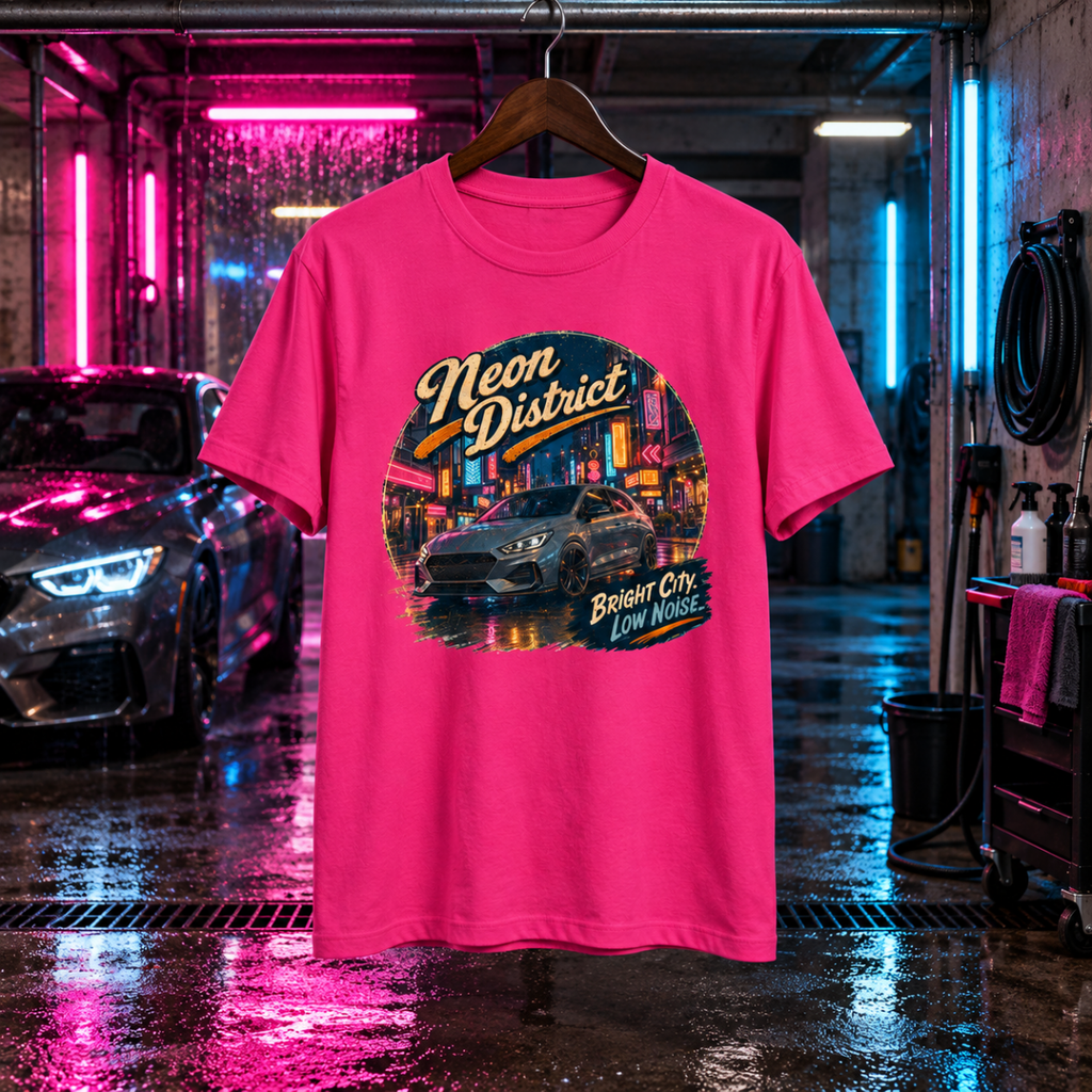 Neon District hot pink T-shirt front in a gritty neon service bay